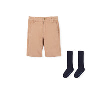 BERMUDA SHORTS AND CAMEL SOCKS